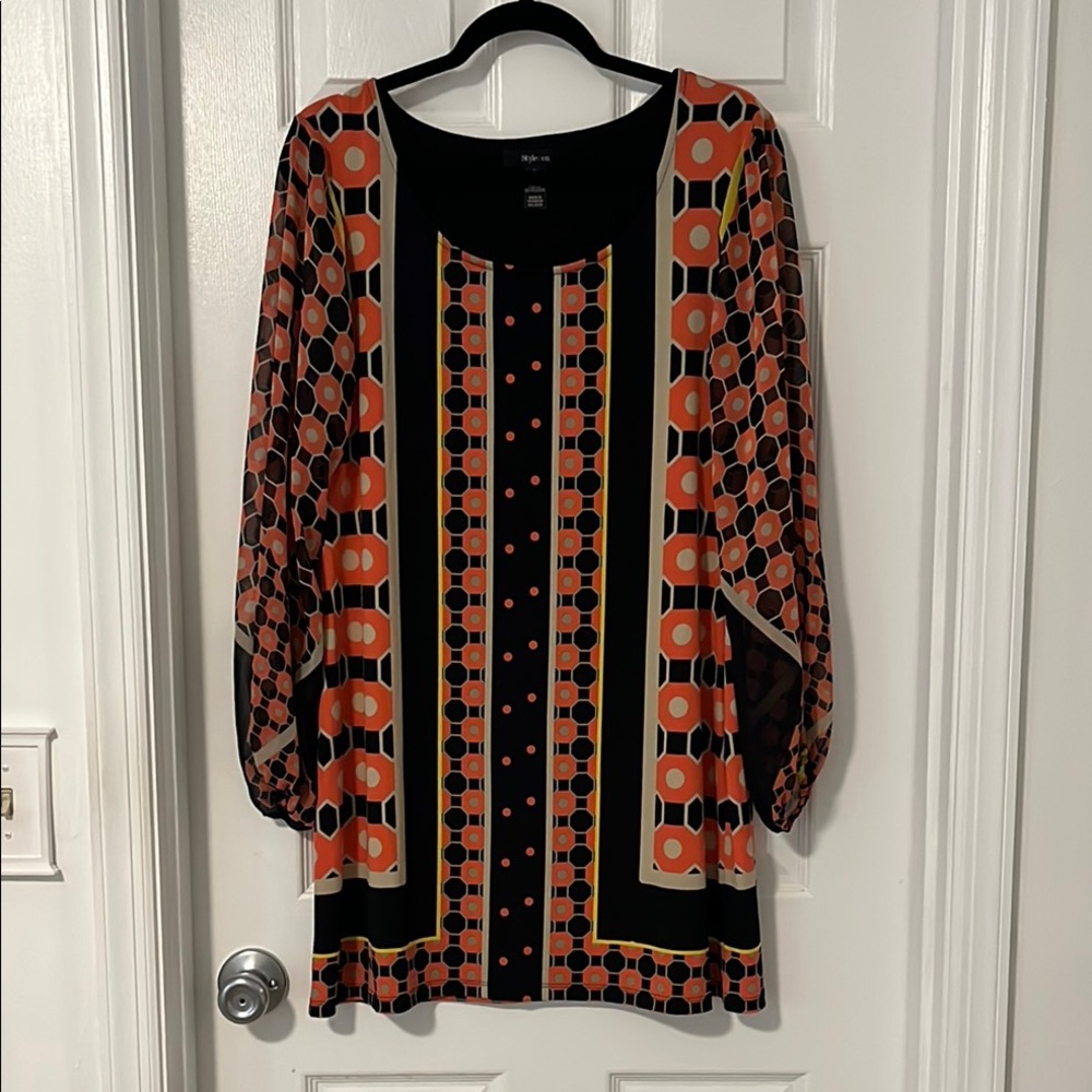 Style & Co. Geometric Mini Dress Black, Orange, Yellow, Beige Fun M Medium 8 10